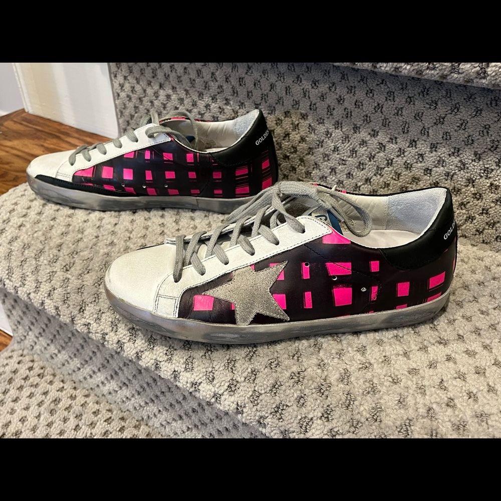 White/black/pink Checkered golden goose low top.